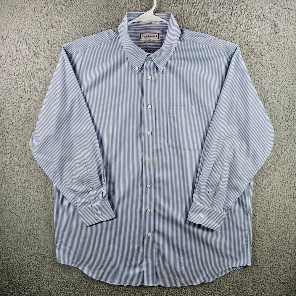 Paul Fredrick Mens‎ Blue White Striped Non-Iron Dress Shirt 17.5 33